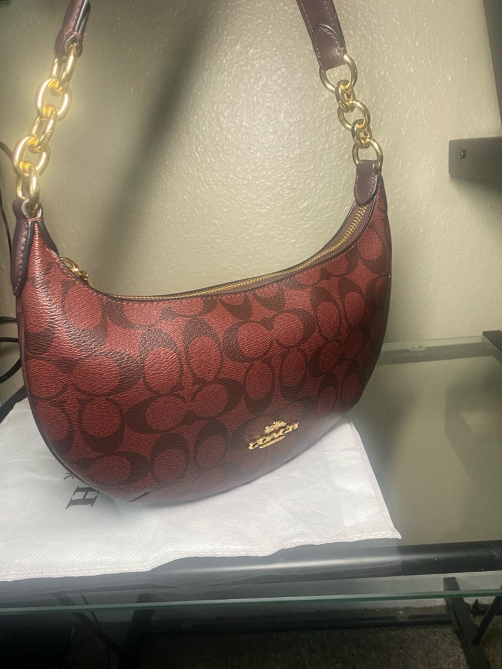 Coach Signature Crescent Shoulder Bag in Burgundy and Dark Brown - Picture 2 of 5